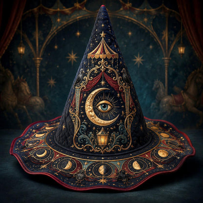 Witch Queen Hat – Carnival All Seeing Eye Occult Wide Brim Witch Hat – on an altar table