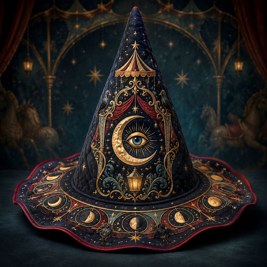 Witch Queen Hat – Carnival All Seeing Eye Occult Wide Brim Witch Hat – on an altar table