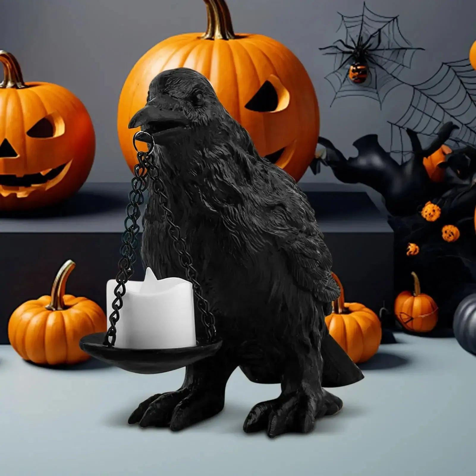 Witch Raven Lamp Tealight Candle Holder - Gothic Home Decor Dark Crow Light Holder Halloween Decorations-MoonChildWorld