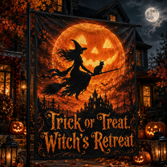 Witch Riding Broom Black Cat Halloween house flag with Trick or Treat design