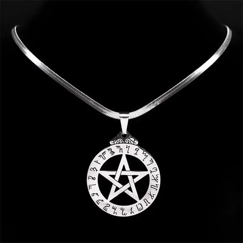 Witch Runes Pentagram Necklace Wicca Pagan Pentacle Necklace Gothic Jewelry-MoonChildWorld