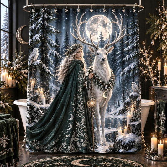 Witch Shower Curtain - White Stag Yule Pagan Winter Decor