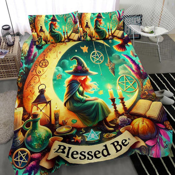 Witch Sitting on the Moon Pagan Bedding Set for Samhain, Mabon, Litha-MoonChildWorld