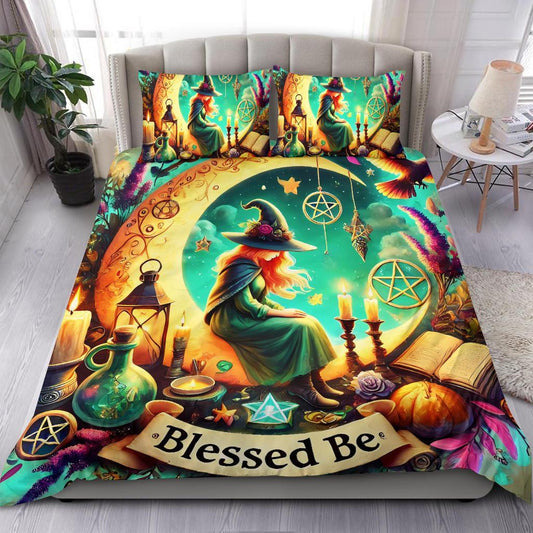 Witch Sitting on the Moon Pagan Bedding Set for Samhain, Mabon, Litha-MoonChildWorld