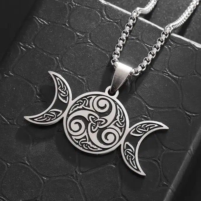Witch Spiral Triple Moon Necklace Pagan Trinity Celtic Knot Necklace-MoonChildWorld