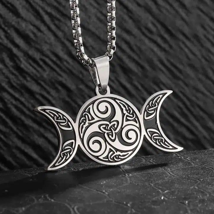 Witch Spiral Triple Moon Necklace Pagan Trinity Celtic Knot Necklace-MoonChildWorld