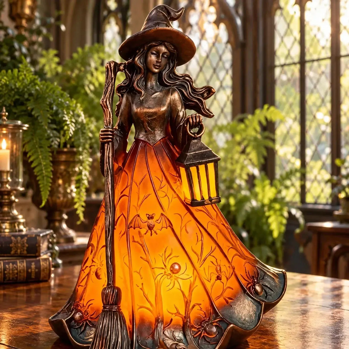 Witch lantern lamp in a styled garden setting