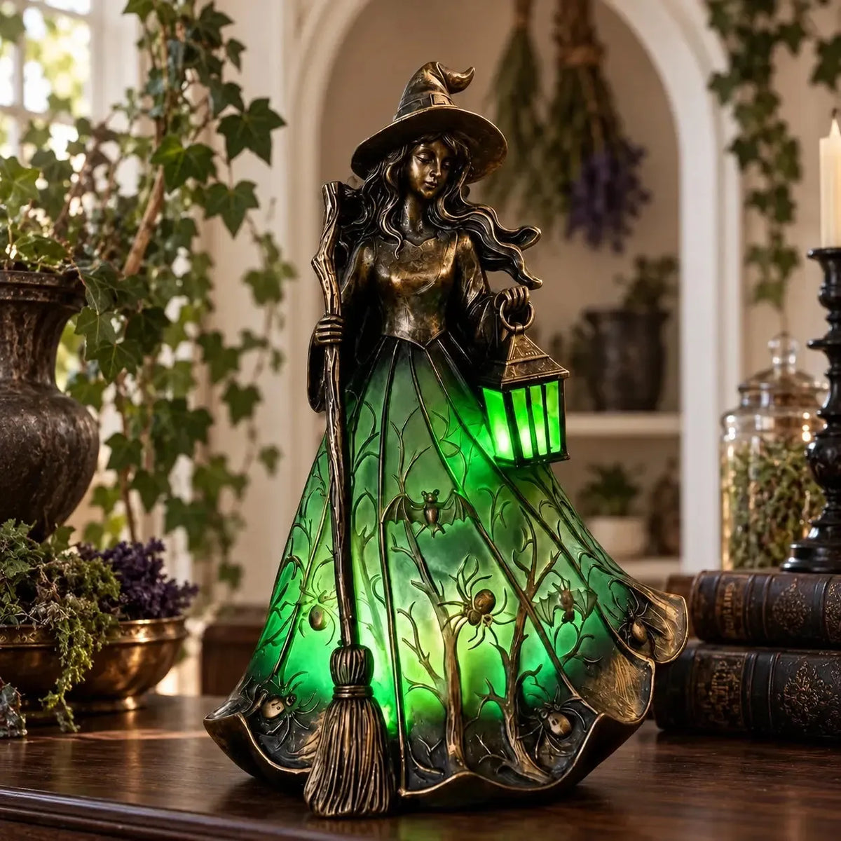 Witch lantern lamp in a candlelit gothic display