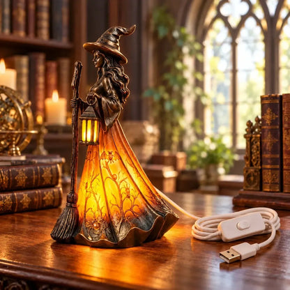 Witch lamp angled beside visible USB cord and inline switch