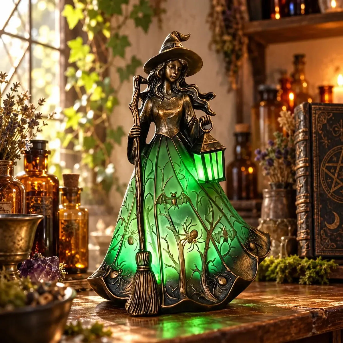 Green illuminated witch statue lamp on white