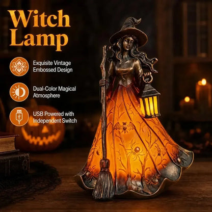 Witch lantern lamp with warm glowing gown and feature callouts