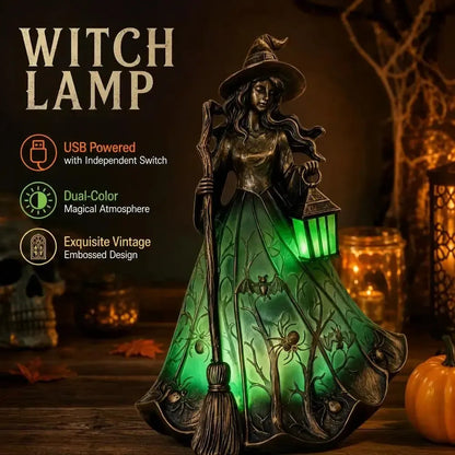 Green glowing witch lamp with USB feature callouts