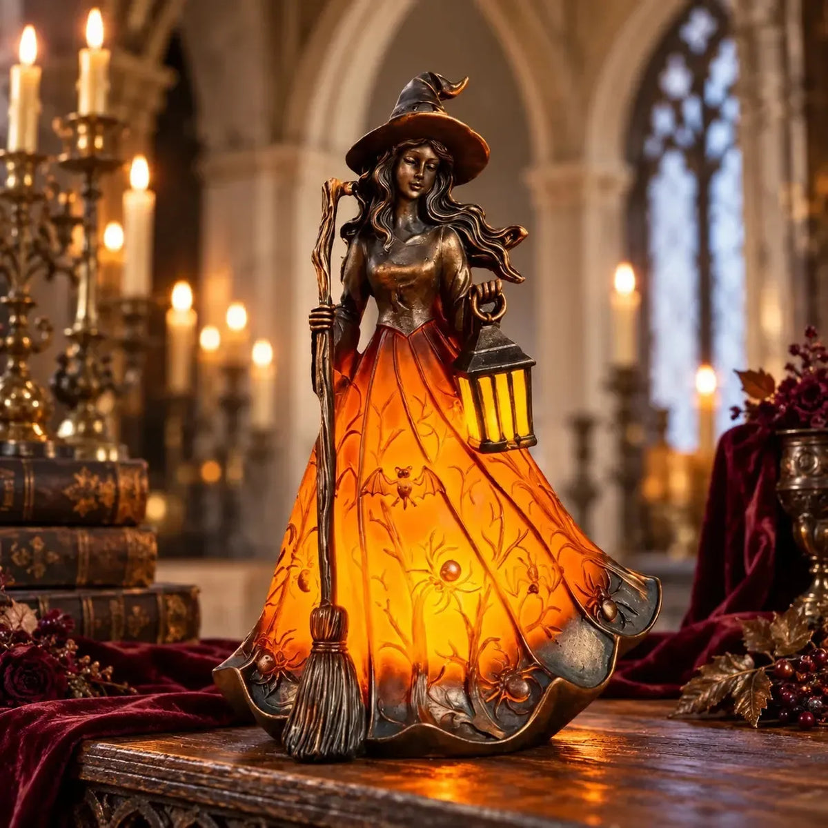 Warm illuminated witch statue lamp on white