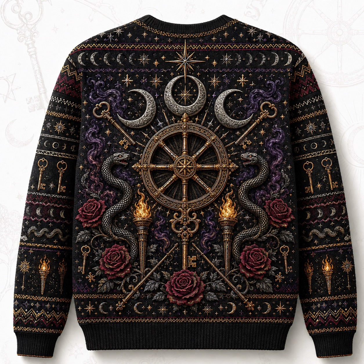 Witch Wheel Sweater Crossed Key Torch Rose Crossroads Knit back view