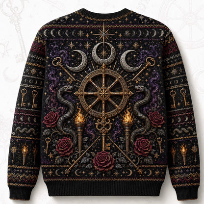 Witch Wheel Sweater Crossed Key Torch Rose Crossroads Knit back view