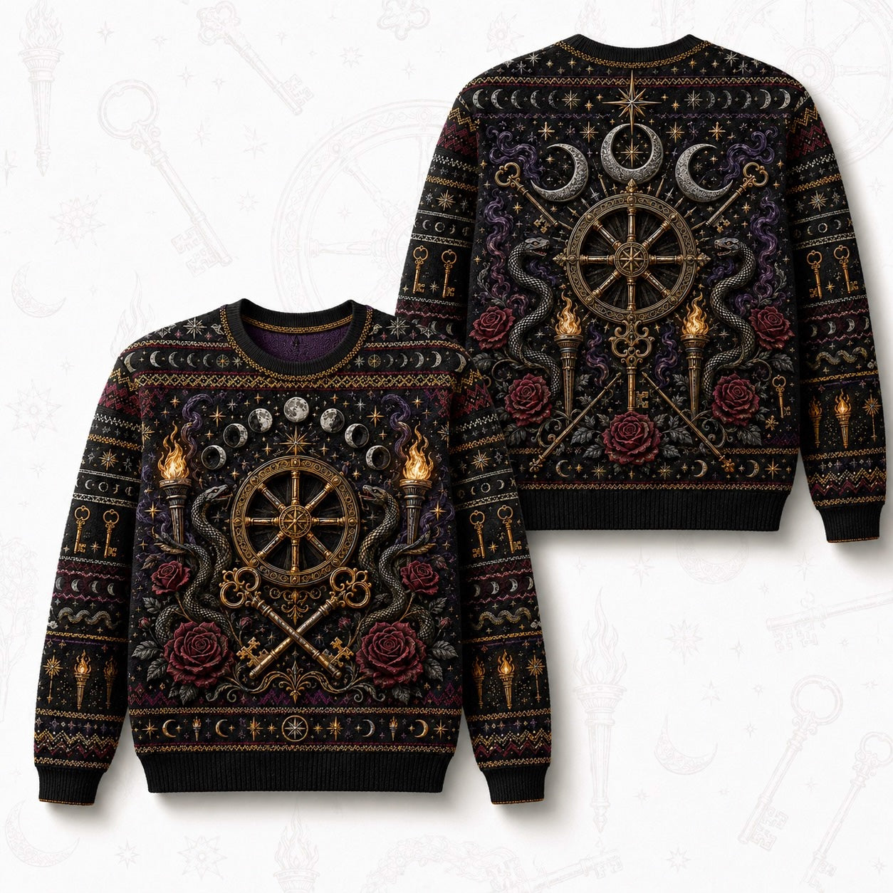 Witch Wheel Sweater Crossed Key Torch Rose Crossroads Knit front and back together