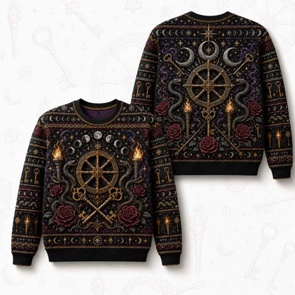 Witch Wheel Sweater Crossed Key Torch Rose Crossroads Knit front and back together