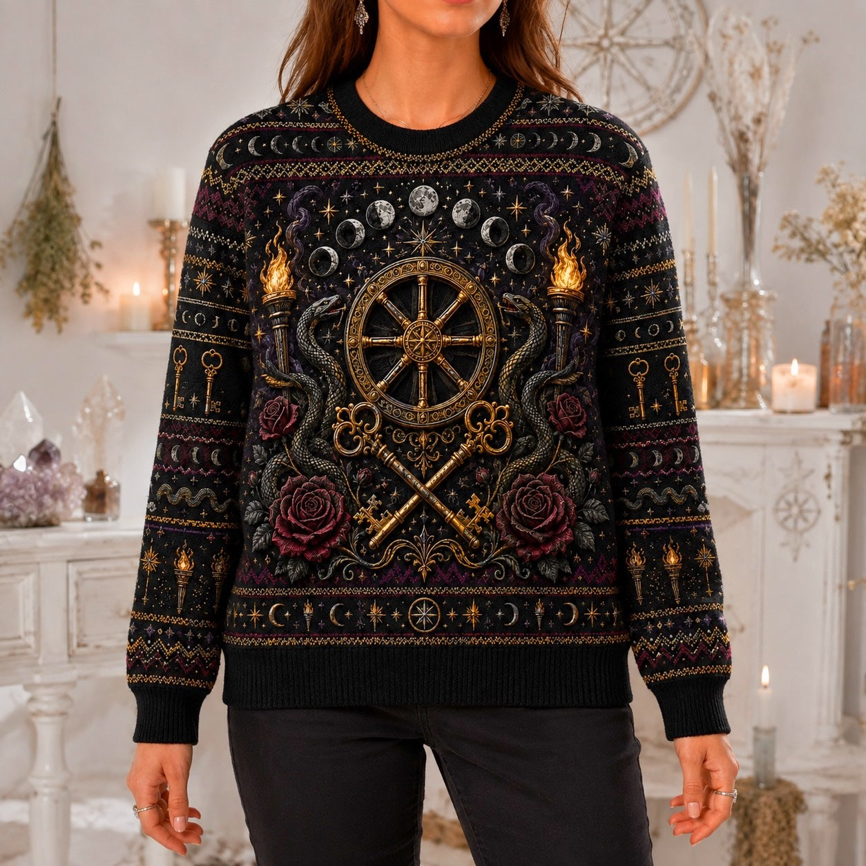 Witch Wheel Sweater Crossed Key Torch Rose Crossroads Knit worn, front view
