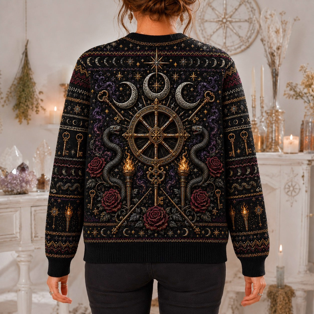 Witch Wheel Sweater Crossed Key Torch Rose Crossroads Knit worn, back view