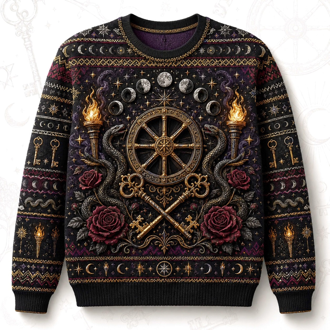 Witch Wheel Sweater Crossed Key Torch Rose Crossroads Knit front view