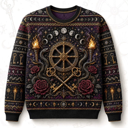 Witch Wheel Sweater Crossed Key Torch Rose Crossroads Knit front view