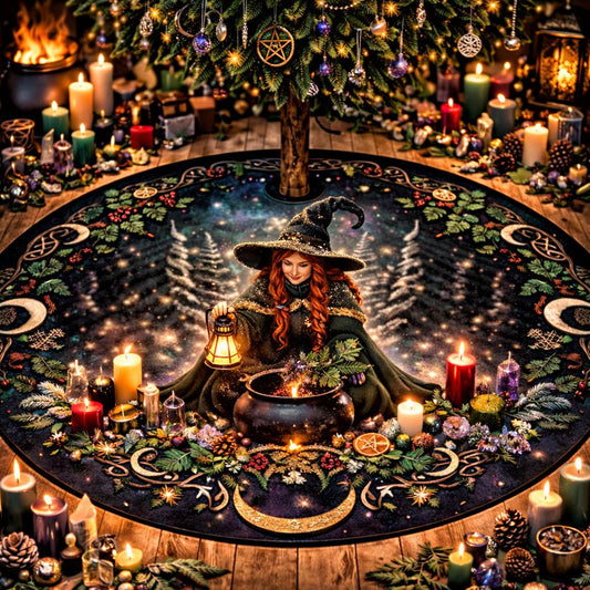 Dark gothic velvet tree skirt with a witch, cauldron, forest, and celestial symbols.