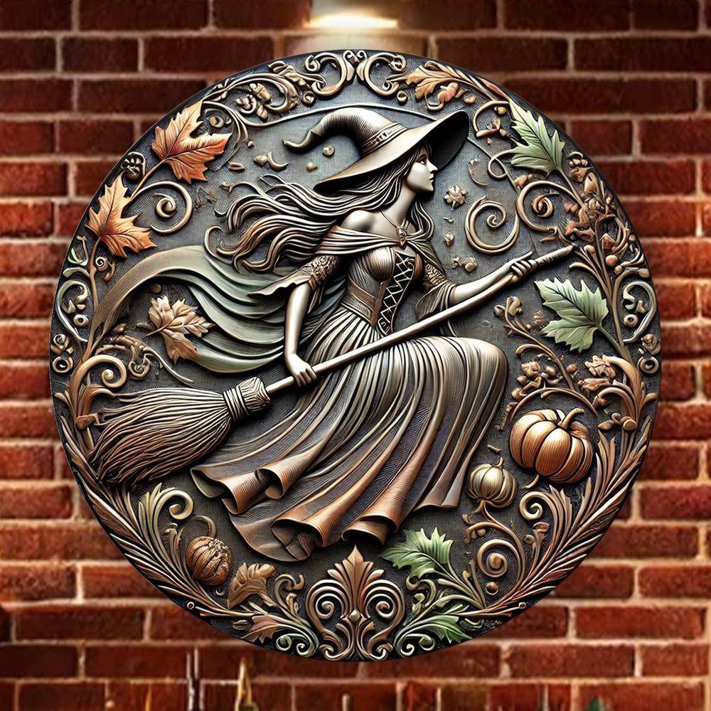Witch With Broom & Pumpkin Halloween Wall Art Witch Metal Sign Witchy Home Decor-MoonChildWorld