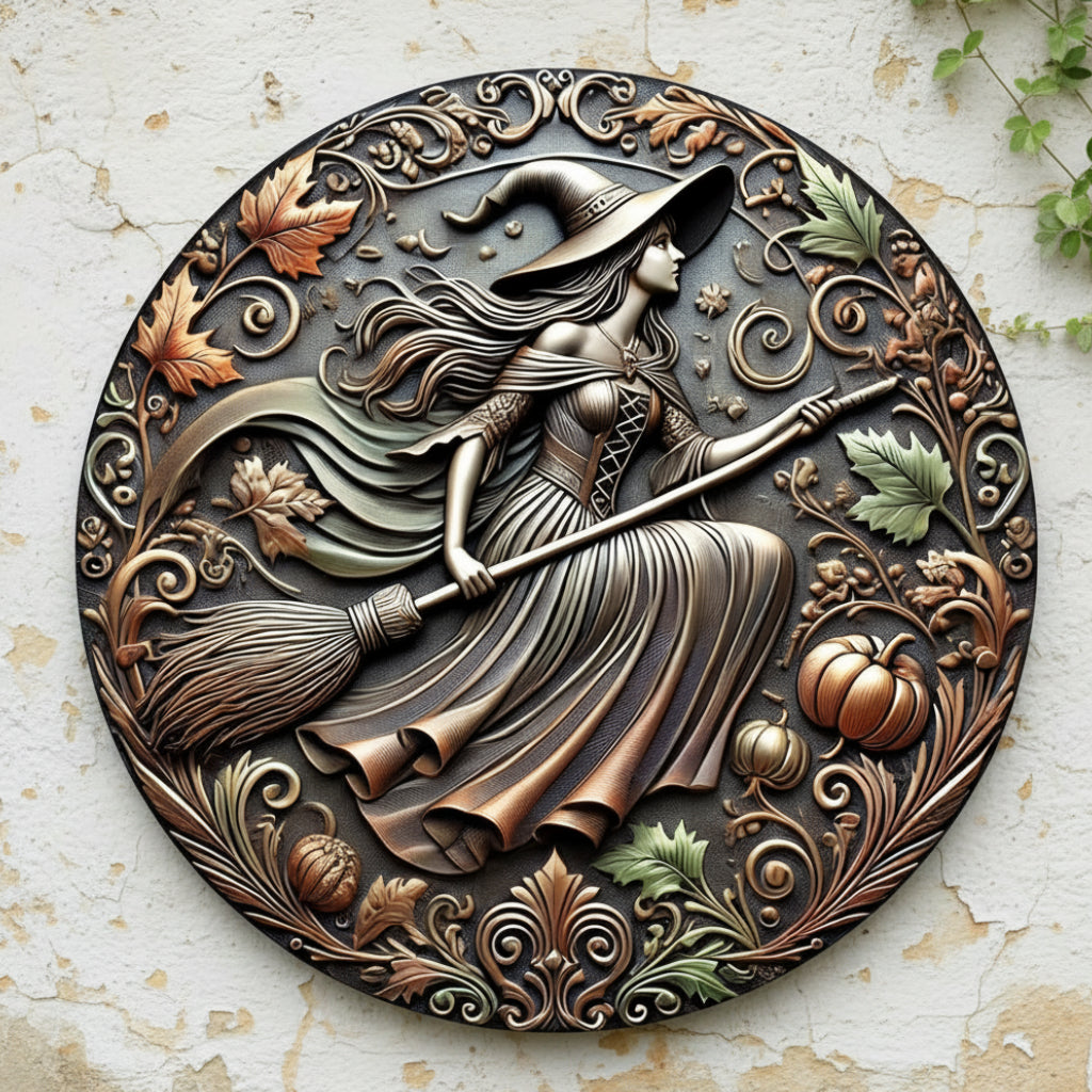 Witch With Broom & Pumpkin Halloween Wall Art Witch Metal Sign Witchy Home Decor-MoonChildWorld