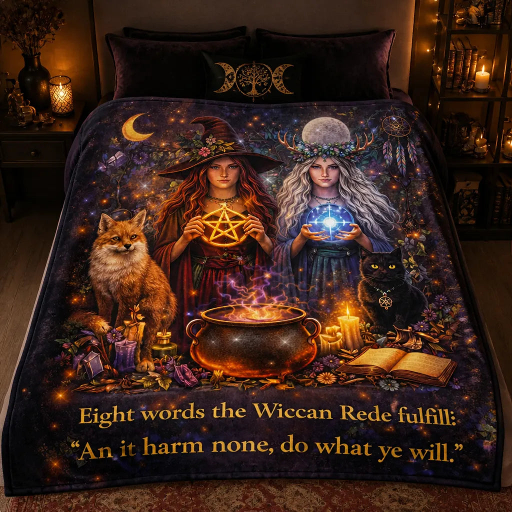 Witch and Wicca Goddess Blanket With Fox, Black Cat_mockup_2.webp