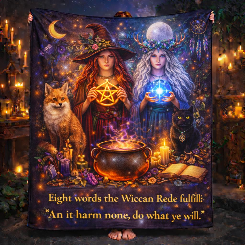 Witch and Wicca Goddess Blanket With Fox, Black Cat-MoonChildWorld