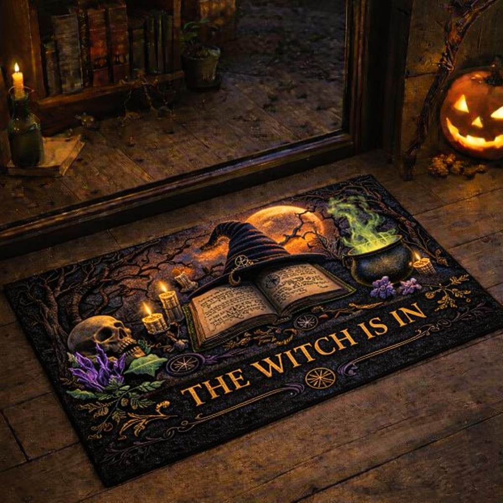 Gothic "The Witch Is In" doormat with a witch hat, spellbook, cauldron, skull, and candles.