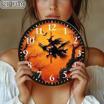Witch on Broomstick Wooden Wall Clock Halloween Wall Decor-MoonChildWorld