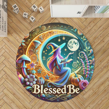 Witch on the Moon Round Rug Witchy Carpet for Wiccan Home Decor-MoonChildWorld