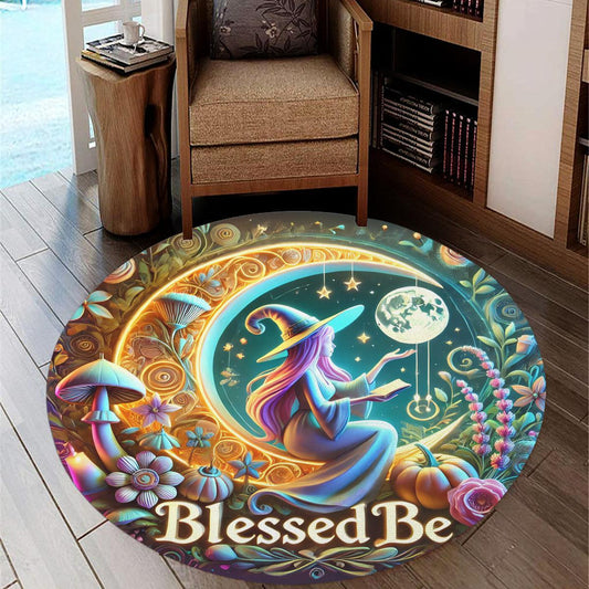 Witch on the Moon Round Rug Witchy Carpet for Wiccan Home Decor-MoonChildWorld