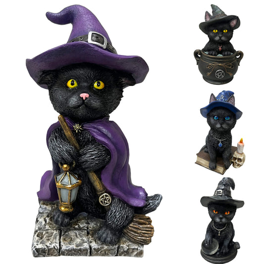 Gothic Witchy Cat Statue Wicca Black Cat Figurine Halloween Home Decor