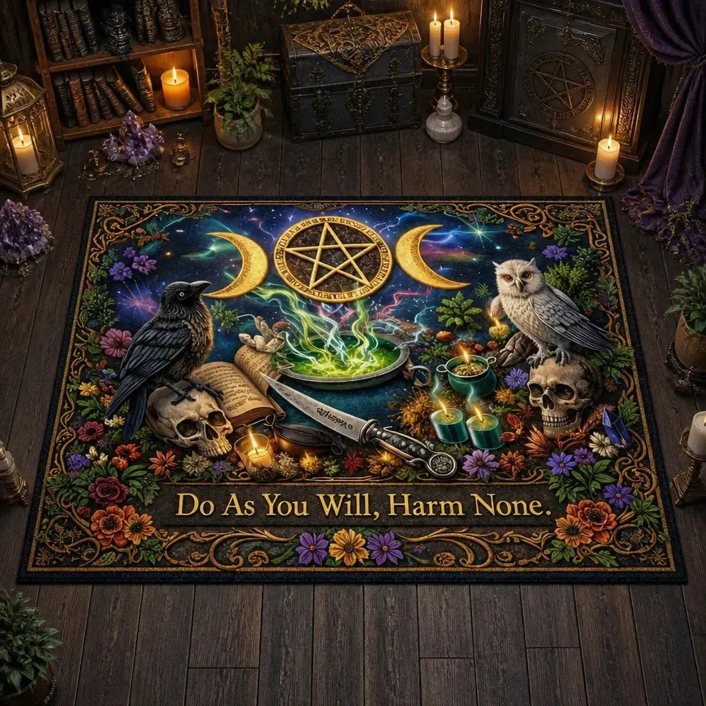 Witchcraft Area Rug with Black Cat, Owl, Skull – Gothic Occult Carpet for Witchy Home Decor_mockup_2.webp