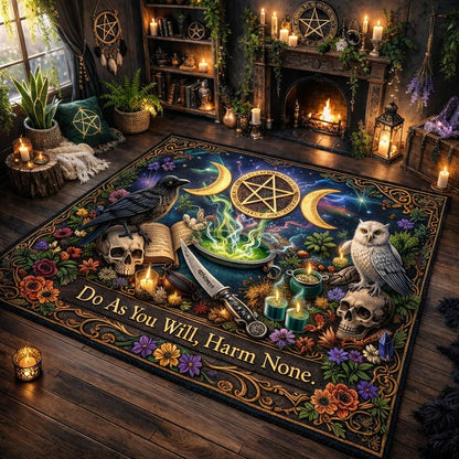 Gothic occult area rug with black cat, owl, skulls, pentagram, moon phases, and "Do As You Will, Harm None." text.