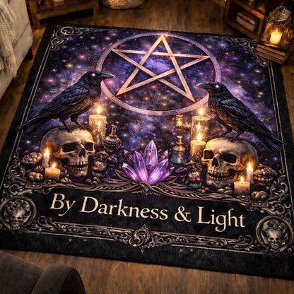 Witchcraft area rug with purple pentacle, two ravens on skulls, candles, and "By Darkness & Light" text.