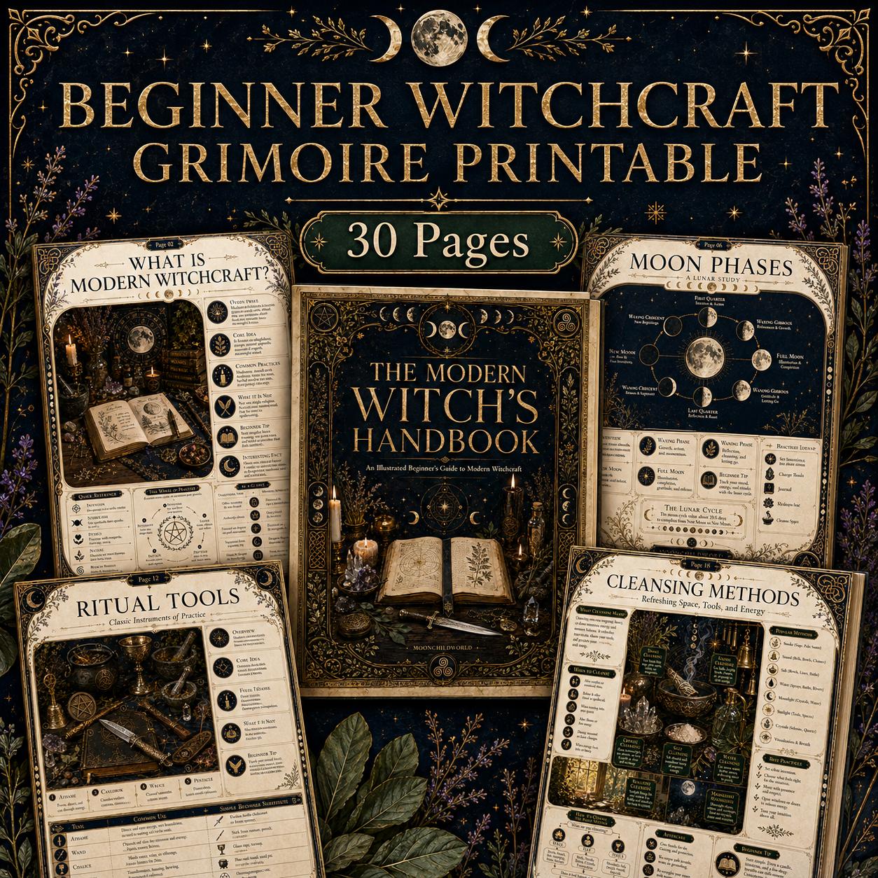 Printable 30-page witchcraft grimoire with gold celestial accents, moon phase charts, and ritual tool illustrations.