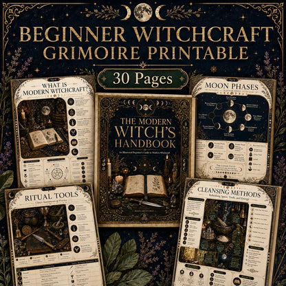 Printable 30-page witchcraft grimoire with gold celestial accents, moon phase charts, and ritual tool illustrations.
