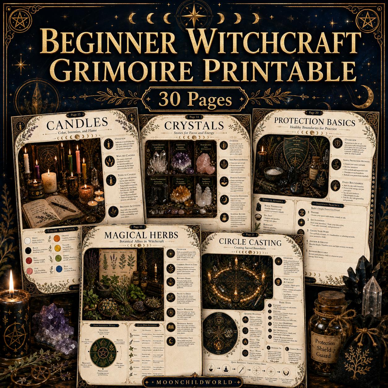 Thirty-page printable witchcraft grimoire with gold-accented, vintage-style pages on candles, crystals, herbs, and rituals.