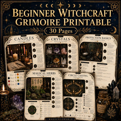 Thirty-page printable witchcraft grimoire with gold-accented, vintage-style pages on candles, crystals, herbs, and rituals.
