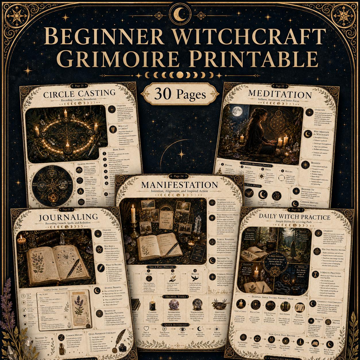 Thirty pages of a black and gold witchcraft grimoire printable featuring celestial motifs, ritual guides, and altar layouts.
