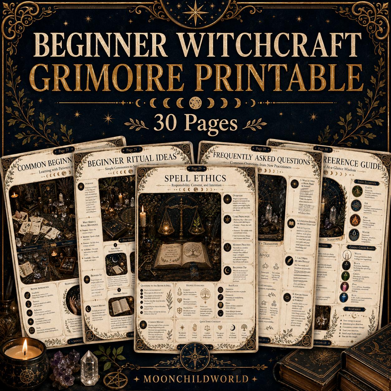 Thirty-page printable witchcraft grimoire guide with gold ornate borders, mystical illustrations, and dark aesthetic pages.