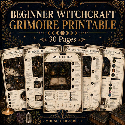 Thirty-page printable witchcraft grimoire guide with gold ornate borders, mystical illustrations, and dark aesthetic pages.