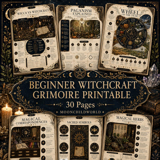 Printable grimoire pages with black and gold celestial designs, featuring witchcraft guides, symbols, and herb charts.