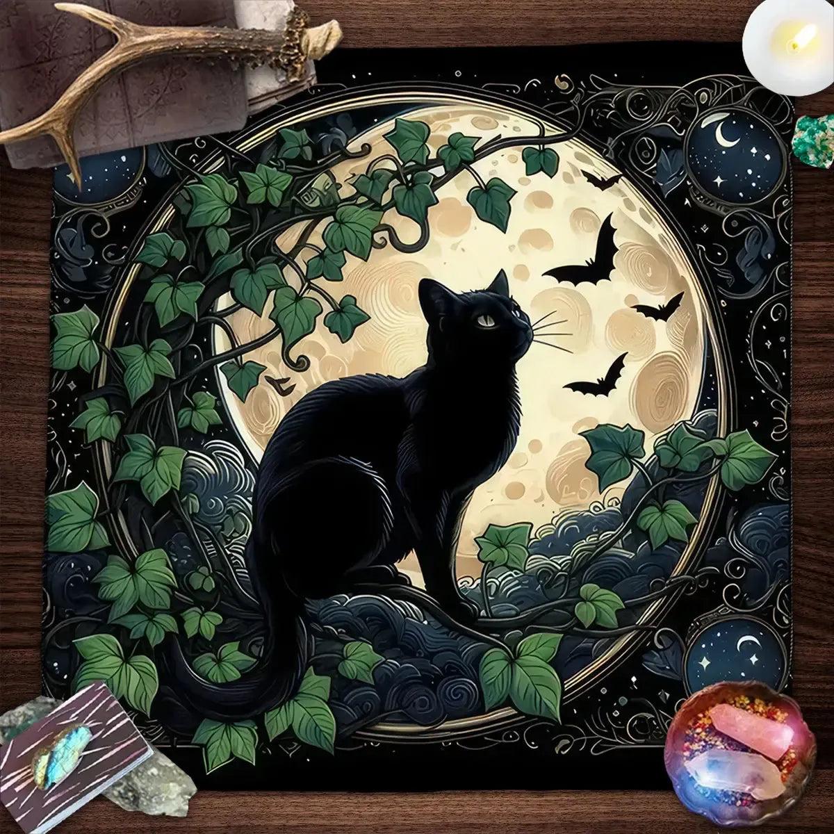 Witchcraft Black Cat Tarot Card Tablecloth Witchy Altar Cloth-MoonChildWorld
