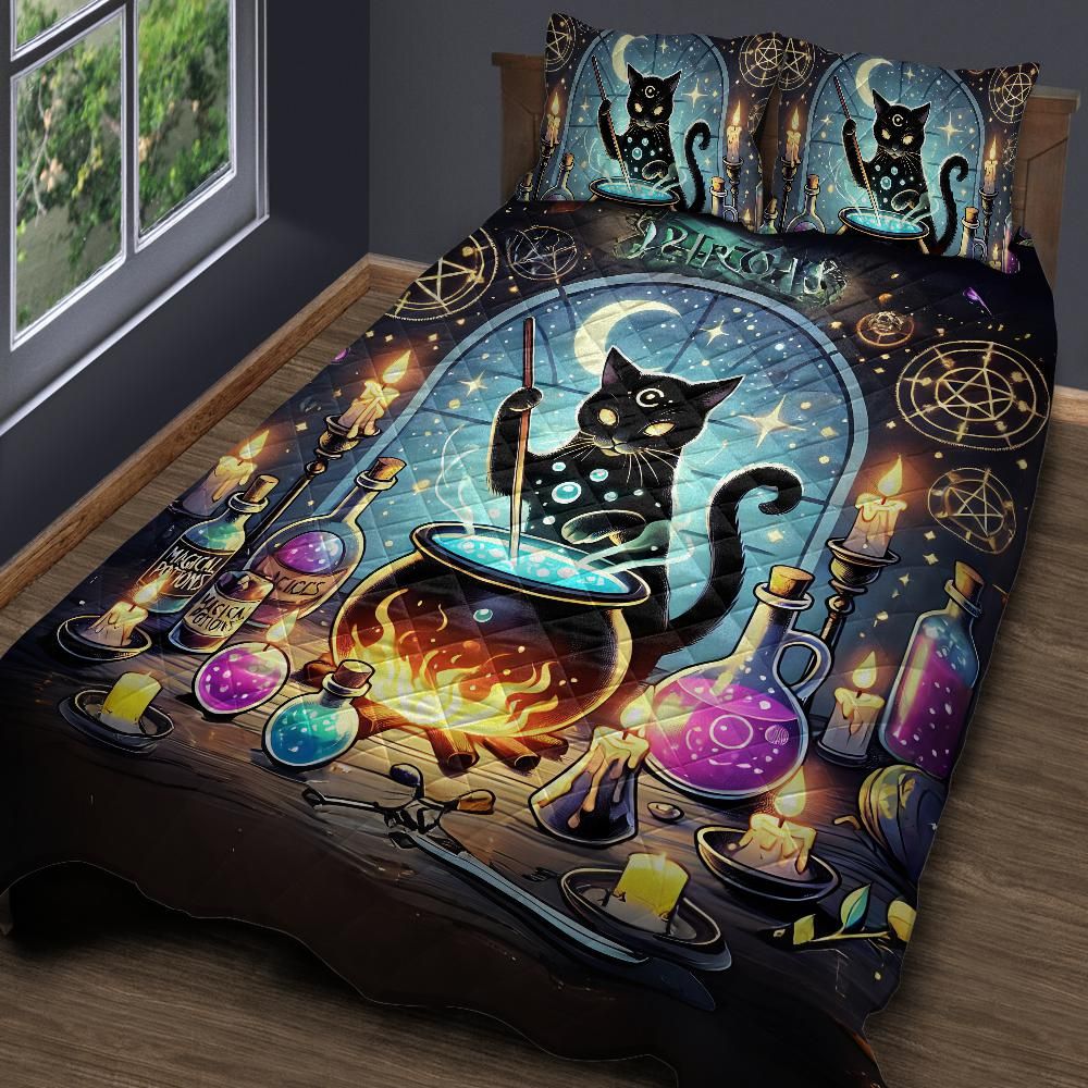 Witchcraft Black Cat and Witchy Cauldron Quilt Bedding Set-MoonChildWorld