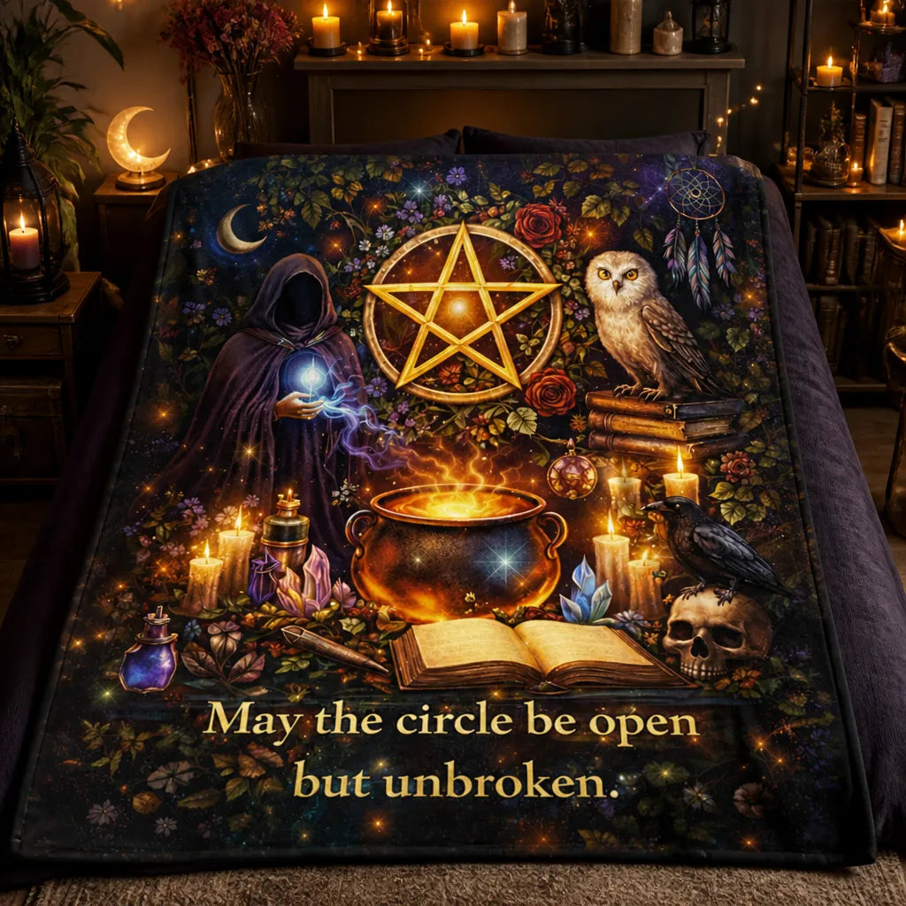 Witchcraft Blanket with Pentacle, Owl, Raven - Mystical Wiccan Pagan Blanket_mockup_2.webp
