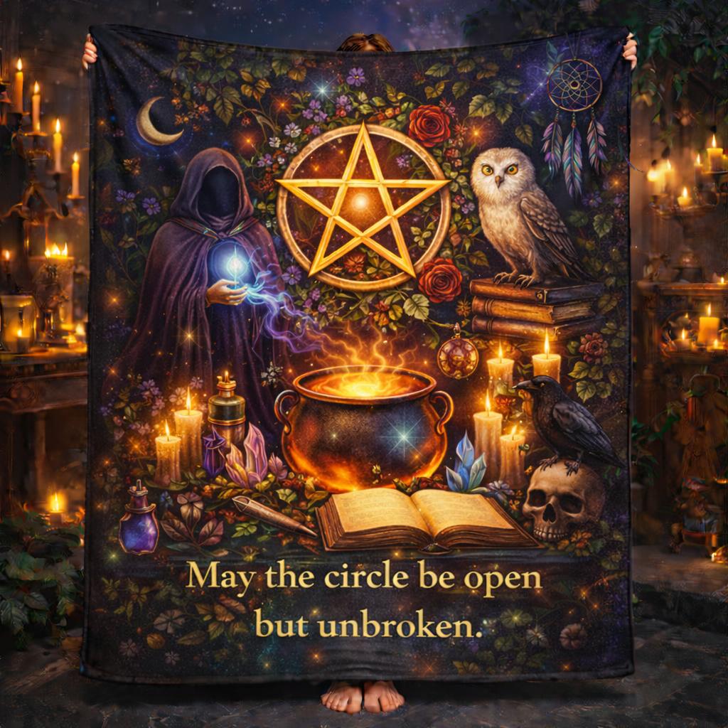 Witchcraft Blanket with Pentacle, Owl, Raven - Mystical Wiccan Pagan Blanket-MoonChildWorld